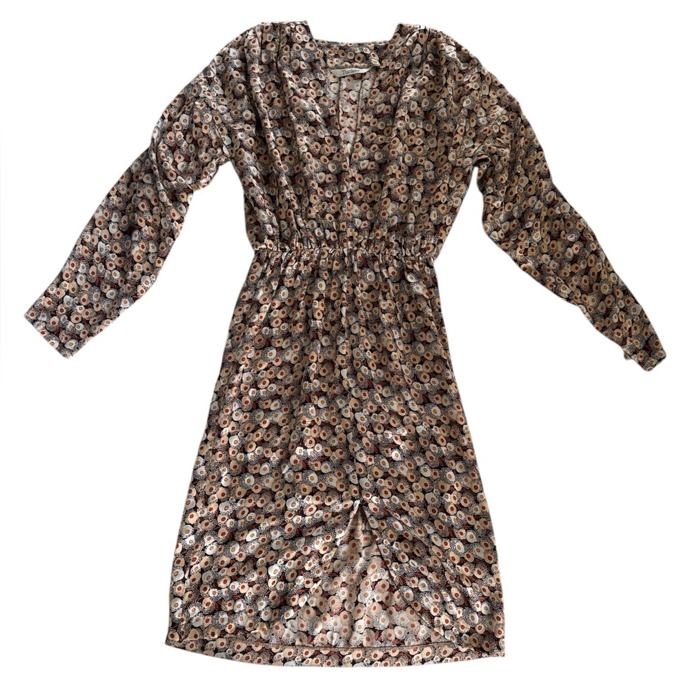 Tucker NYC Floral Brown‎ Cream Silk Midi Dress Women’s Size P / XS Long Sleeve